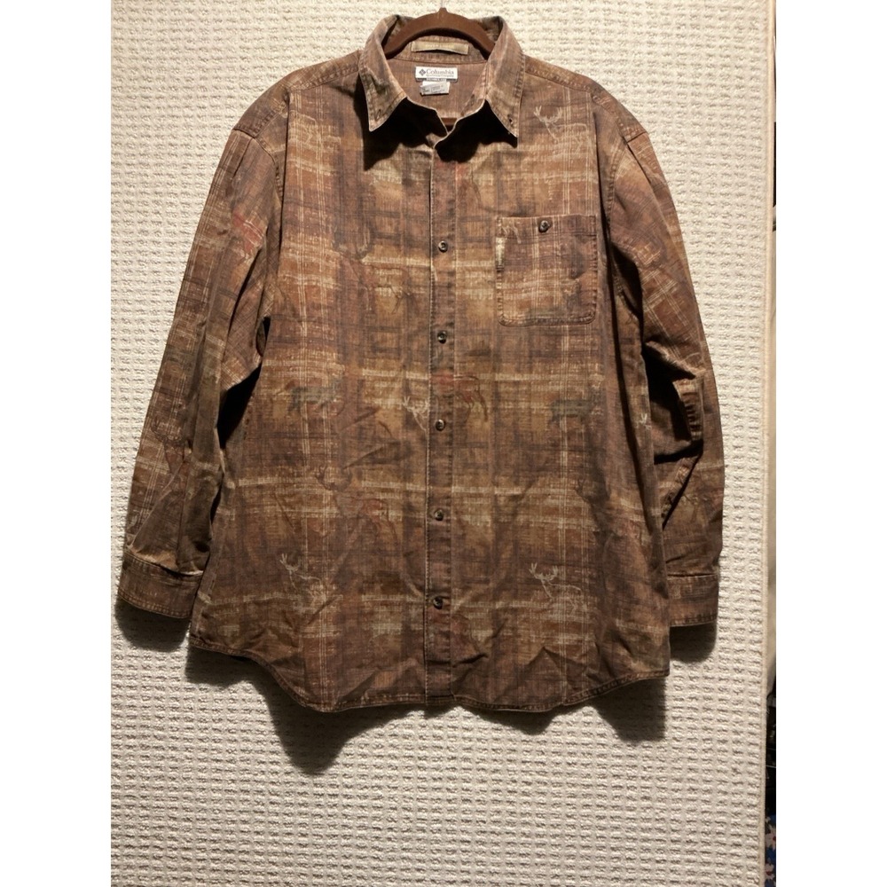 Columbia River Lodge Men's Button Down Long Sleeve Brown Plaid Shirt ELK DEER XL